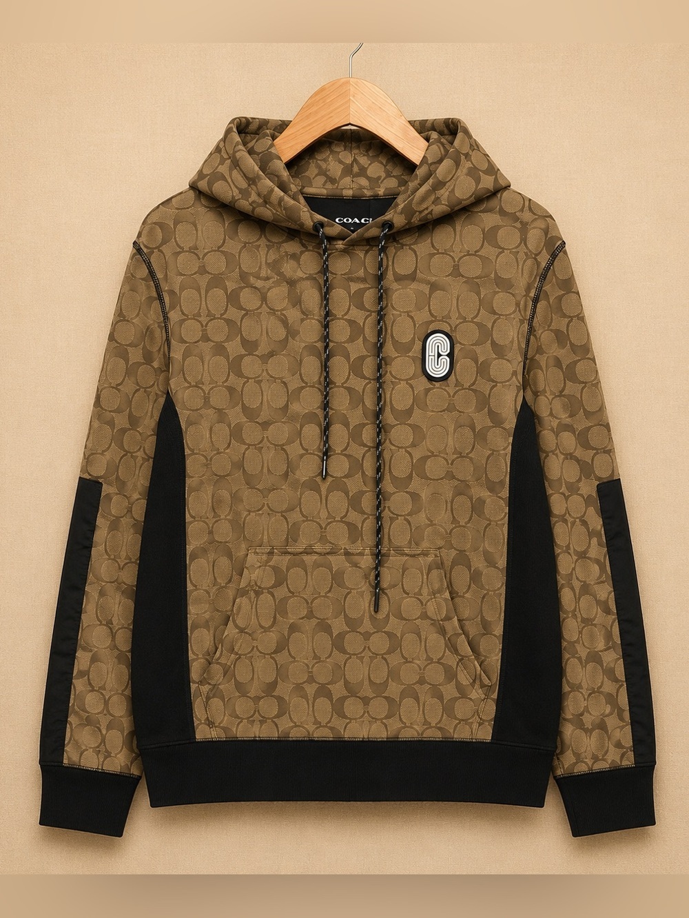 COACH Signature Mix Media Hoodie Khaki Monogram Pullover Small